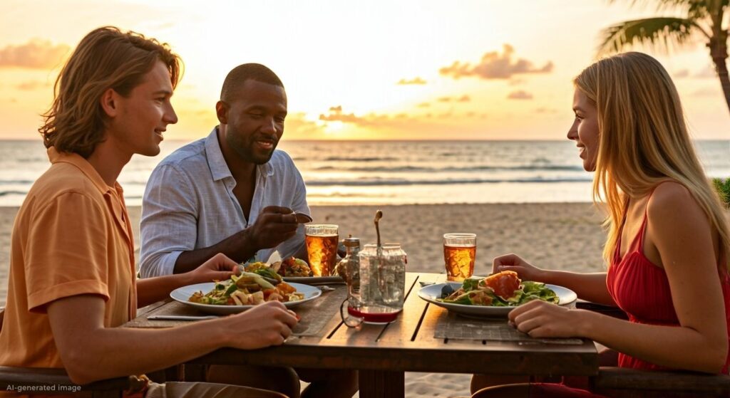 Friends enjoy a beach-side dinner party at sunset with plates and refreshing drinks together.